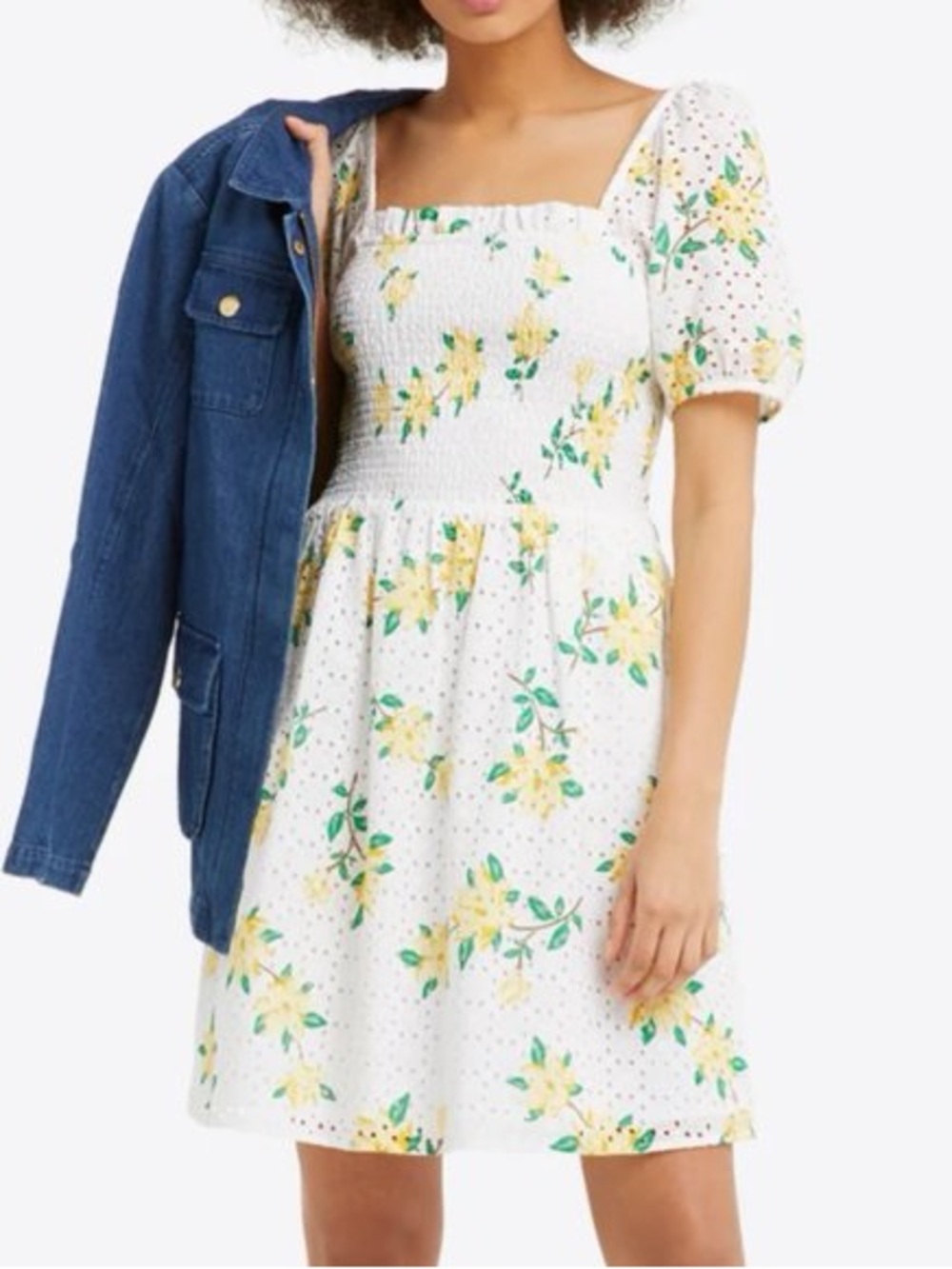 Draper James White Mini Dress with Yellow Floral and Green Leaves